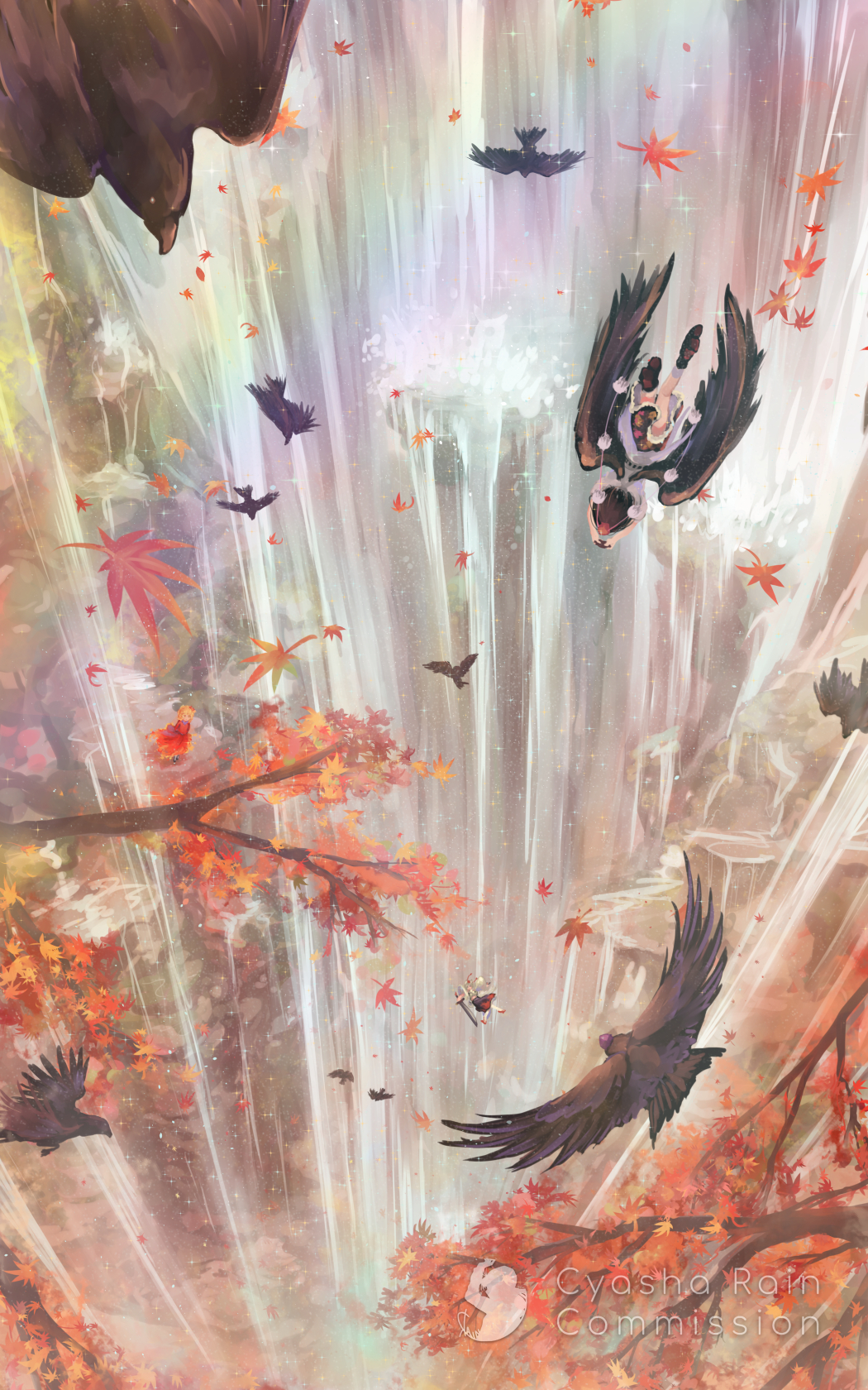 3girls aki_shizuha autumn autumn_leaves bird black_hair black_skirt blonde_hair branch camera collared_shirt commentary_request cyasha dress falling_leaves flying geta hair_ornament hat highres holding holding_camera holding_sword holding_weapon inubashiri_momiji leaf leaf_hair_ornament leaf_on_head maple_leaf multiple_girls pom_pom_(clothes) raven_(animal) red_dress red_skirt scenery shameimaru_aya shirt short_hair silver_hair skirt sword tengu-geta tokin_hat touhou tree tree_branch water waterfall watermark weapon white_shirt wings