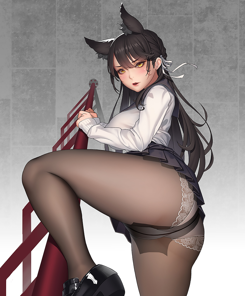 1girl animal_ear_fluff animal_ears ass atago_(azur_lane) azur_lane bangs black_footwear black_hair black_sailor_collar black_skirt breasts brown_legwear crotch_seam from_behind from_below grey_background hair_ribbon highres lace lace-trimmed_panties large_breasts leg_up lipgloss loafers long_hair long_sleeves looking_at_viewer makeup mascara miniskirt mole mole_under_eye neckerchief panties panties_under_pantyhose pantyhose parted_lips pleated_skirt railing rhasta ribbon sailor_collar school_uniform shiny shiny_footwear shirt shoes sidelocks skirt sleeves_past_wrists smile solo thighs underwear very_long_hair white_panties white_ribbon white_shirt yellow_eyes