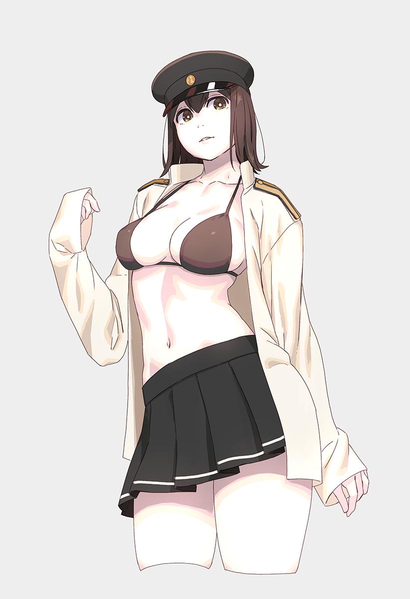 1girl akitsu_maru_(kantai_collection) bangs black_eyes black_headwear bra breasts brown_hair collarbone commentary_request cowboy_shot cropped_legs epaulettes eyebrows_visible_through_hair grey_background hair_between_eyes hat highres kantai_collection large_breasts long_sleeves looking_at_viewer military military_hat military_uniform naval_uniform navel open_mouth pale_skin parted_lips peaked_cap pleated_skirt short_hair simple_background skirt smile solo standing string_bra thighs underwear uniform white_skin yuuji_(and)