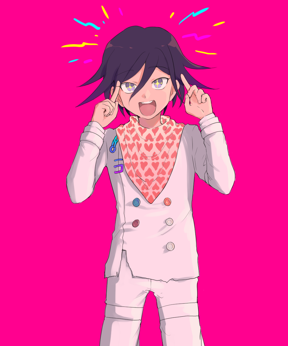 1boy :d bangs black_hair buttons cowboy_shot danganronpa_(series) danganronpa_v3:_killing_harmony double-breasted hands_up heart heart_print highres index_finger_raised jacket multicolored_hair ouma_kokichi pants pink_background pink_eyes pink_scarf purple_hair scarf short_hair siawasejiji simple_background smile solo teeth two-tone_hair two-tone_scarf upper_teeth_only white_jacket white_pants