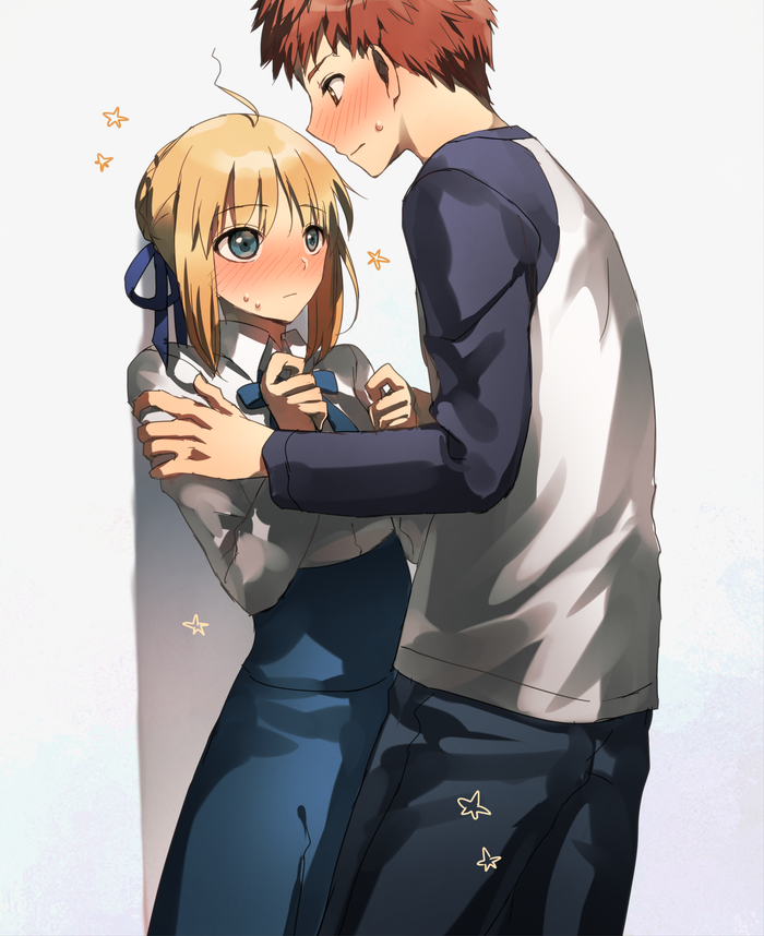 1boy 1girl against_wall ahoge artoria_pendragon_(all) black_pants blonde_hair blue_eyes blue_ribbon blue_skirt blue_sleeves blush brown_eyes brown_hair collared_shirt embarrassed emiya_shirou eye_contact fate/stay_night fate_(series) hair_ribbon high-waist_skirt long_sleeves looking_at_another neck_ribbon pants ribbon saber shadow shirt short_hair simple_background skirt sweatdrop white_background white_shirt wing_collar yukiri00