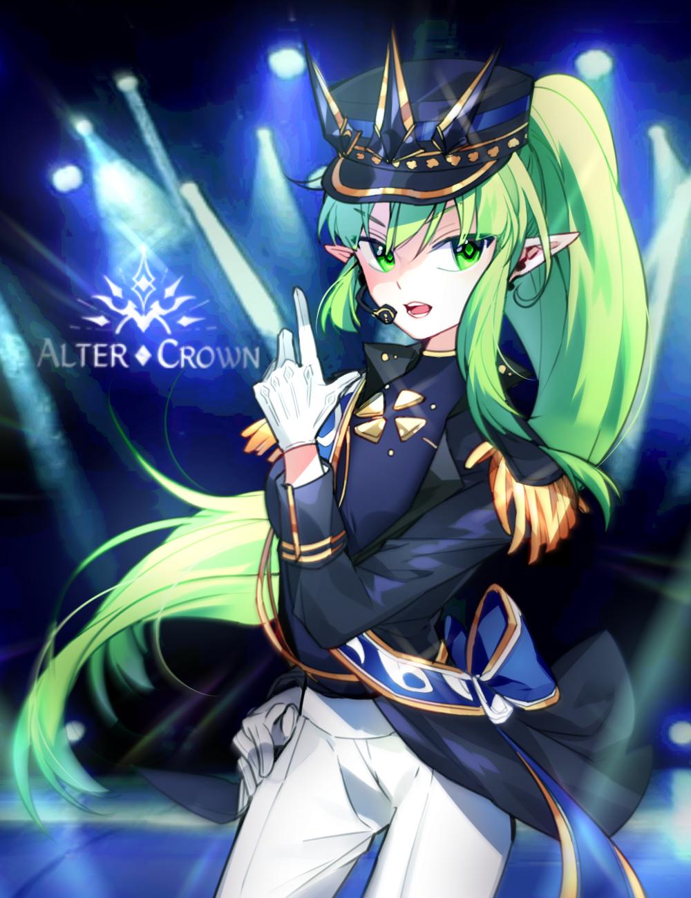 1girl chuki_(lydia) elf elsword eyebrows_visible_through_hair gloves hat highres idol jacket long_hair microphone pointy_ears ponytail rena_erindel spikes