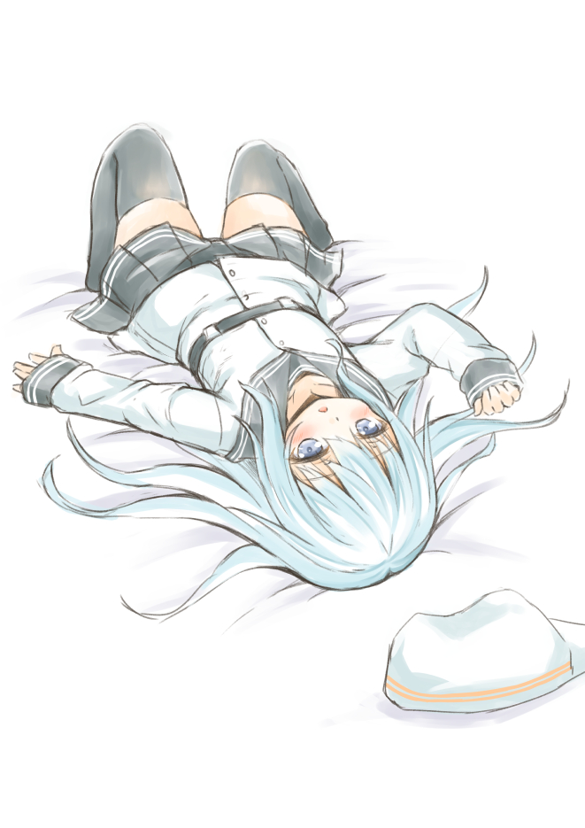 blue_eyes blue_hair blush fujishima_shinnosuke hat hibiki_(kantai_collection) kantai_collection long_hair looking_at_viewer lying on_bed school_uniform thigh-highs verniy_(kantai_collection)