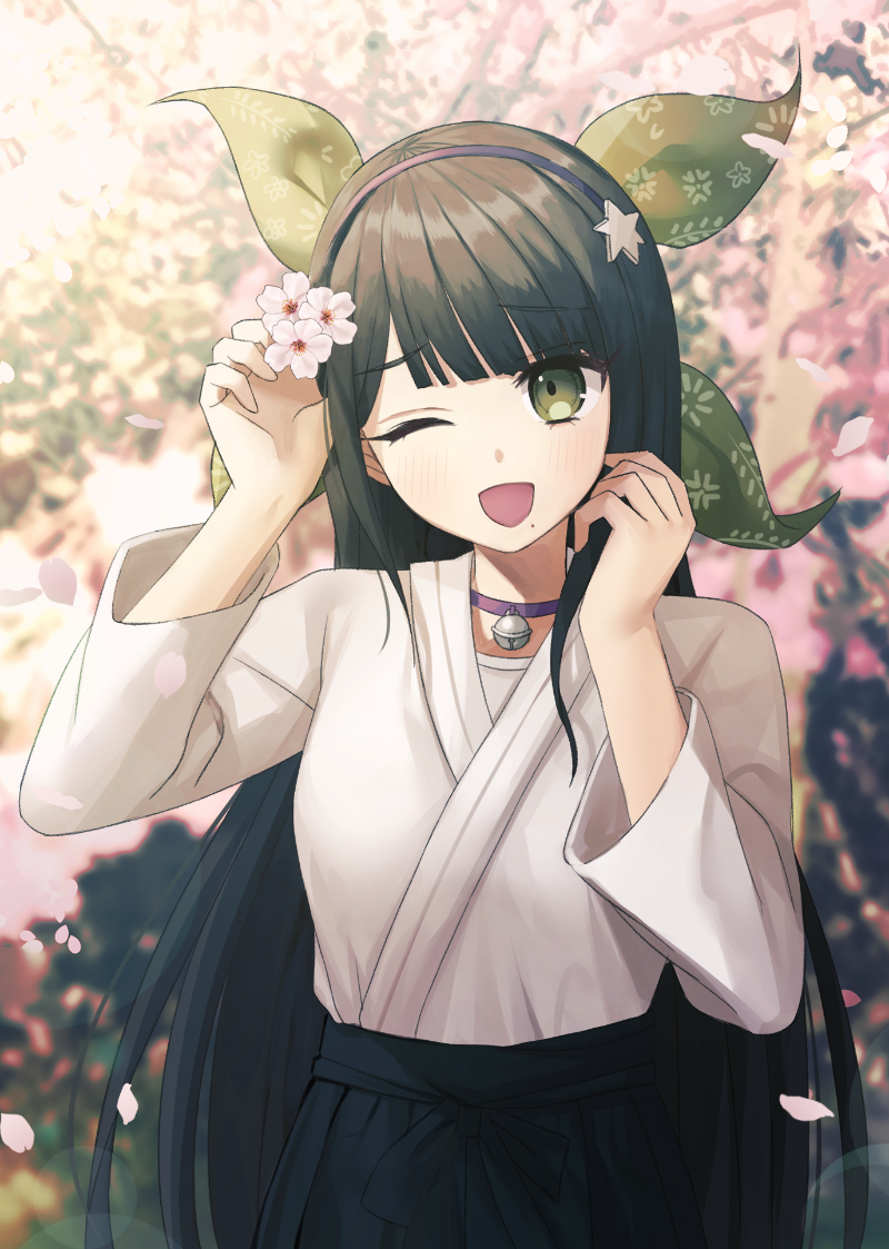 1girl alternate_costume bangs bell black_hair blurry blurry_background blush chabashira_tenko cherry_blossoms choker commentary dangan_ronpa eyebrows_visible_through_hair flower green_eyes hair_flower hair_ornament hair_ribbon hairband hand_in_hair holding long_hair mole mole_under_mouth new_dangan_ronpa_v3 one_eye_closed open_mouth outdoors ribbon smile solo ssumbi white_flower
