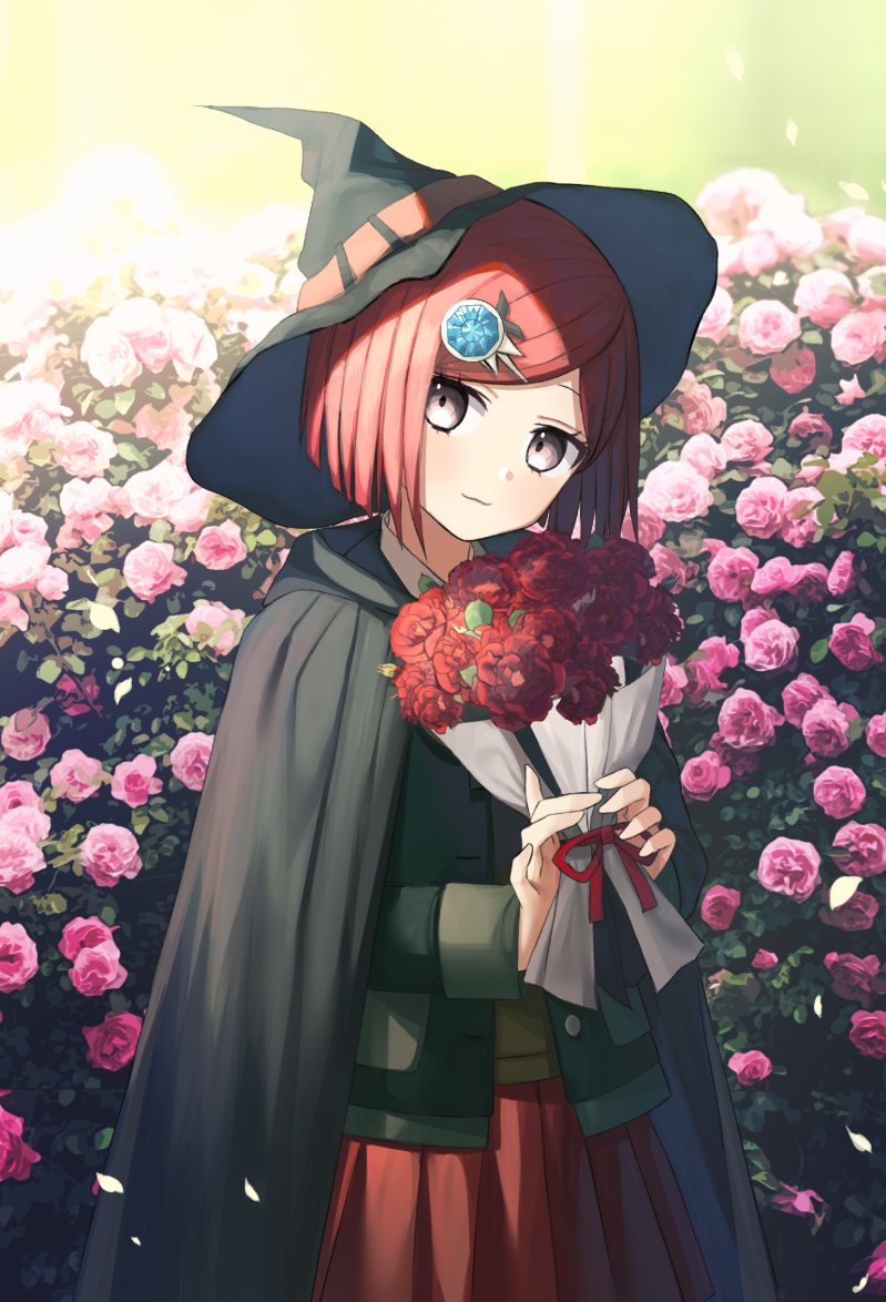 1girl bob_cut brown_eyes cape closed_mouth commentary dangan_ronpa flower hair_ornament hairclip hat holding holding_flower jacket long_sleeves looking_at_viewer new_dangan_ronpa_v3 pink_flower red_flower red_rose red_skirt redhead rose school_uniform short_hair skirt smile solo ssumbi witch_hat yumeno_himiko