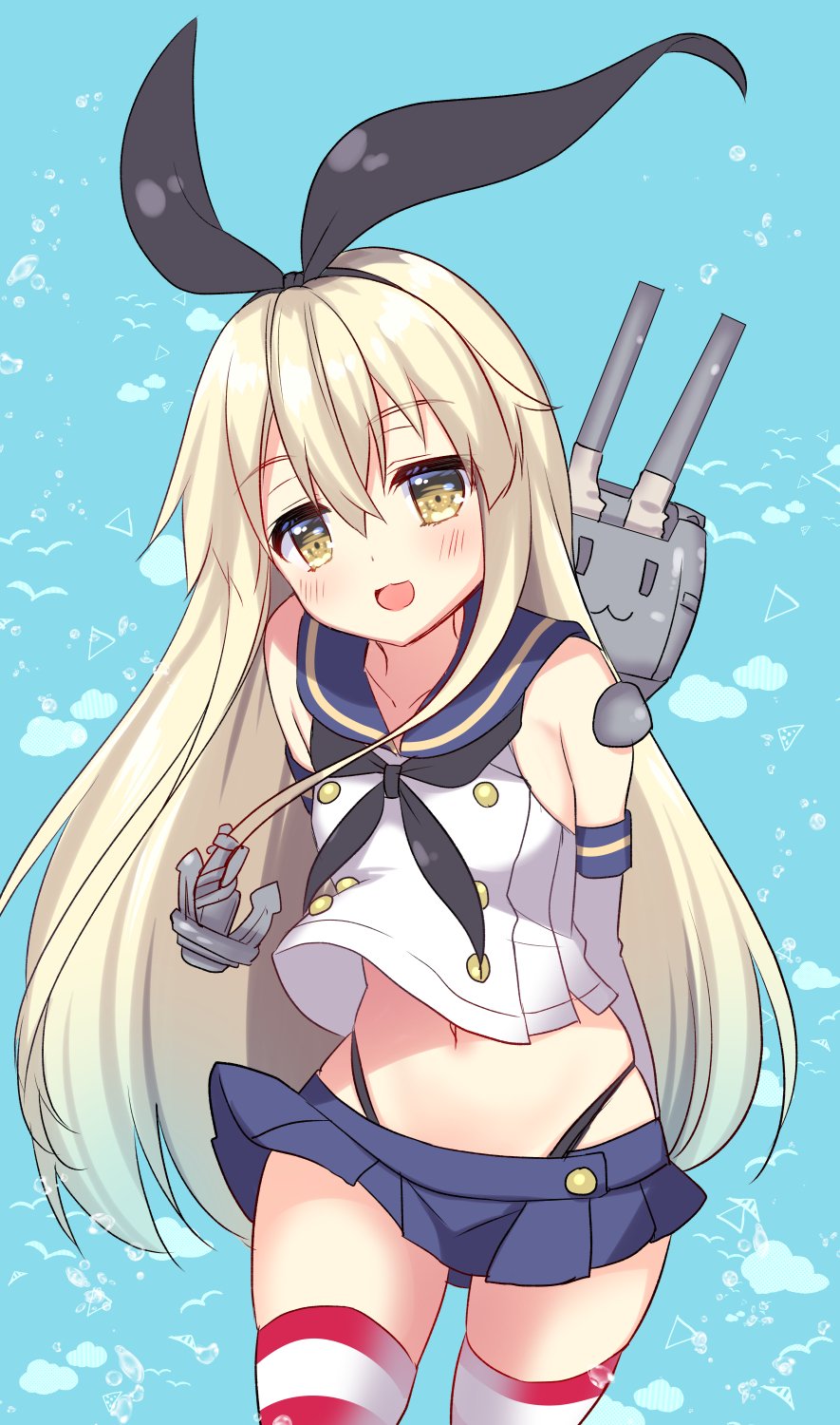 1girl 1other anchor_hair_ornament arms_behind_back black_panties blonde_hair blue_background blue_sailor_collar blue_skirt commentary_request cowboy_shot crop_top elbow_gloves gloves grey_eyes hair_ornament highleg highleg_panties highres kantai_collection leaning_forward long_hair microskirt miniskirt open_mouth panties pleated_skirt rensouhou-chan ringo_sui sailor_collar shimakaze_(kantai_collection) skirt smile striped striped_legwear thigh-highs underwear white_gloves