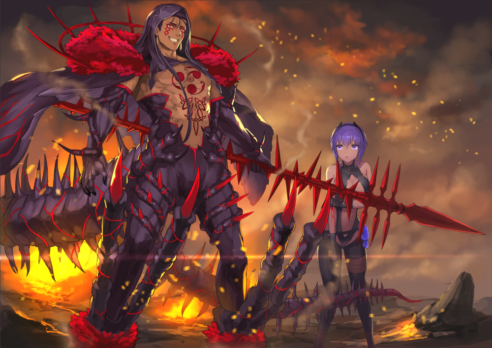 1boy 1girl bare_chest black_cape black_gloves black_hair black_hairband black_legwear black_leotard blood cape chest_tattoo commentary_request cu_chulainn_alter_(fate/grand_order) facial_mark fate/grand_order fate_(series) gae_bolg gloves grin hair_over_shoulder hair_strand hairband hassan_of_serenity_(fate) holding holding_spear holding_weapon lancer leotard long_hair maekawa_yuichi molten_rock monster_boy pantyhose polearm purple_hair red_eyes short_hair smile spear spikes tail tattoo violet_eyes weapon