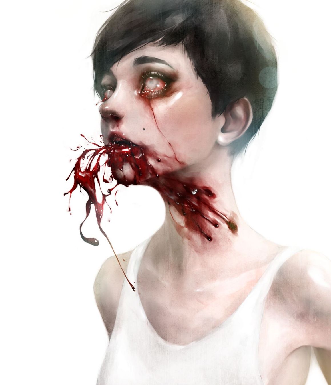 1girl blood blood_from_mouth blood_on_face bloody_tears commentary_request empty_eyes eyelashes genk highres injury lips looking_afar nose original parted_lips short_hair simple_background solo tank_top upper_body very_short_hair white_background white_tank_top