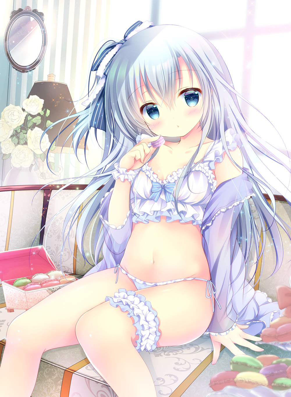 1girl arm_support bangs blue_bow blue_eyes blue_hair blue_panties blue_shirt blush bow bow_bra bra commentary_request eyebrows_visible_through_hair food hair_between_eyes hair_bow head_tilt highres holding holding_food leg_garter long_hair long_sleeves looking_at_viewer macaron navel off_shoulder open_clothes open_shirt original panties parted_lips see-through shirogane_hina shirt side-tie_panties sleeves_past_wrists solo striped striped_bow underwear upper_body vertical_stripes very_long_hair white_bra