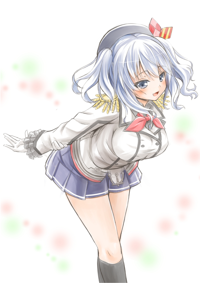 blue_eyes blue_hair blush breasts epaulettes fujishima_shinnosuke gloves happy hat holding_arm kantai_collection kashima_(kantai_collection) large_breasts leaning_forward legs_crossed neckerchief pleated_skirt short_hair skirt standing tied_hair twintails uniform