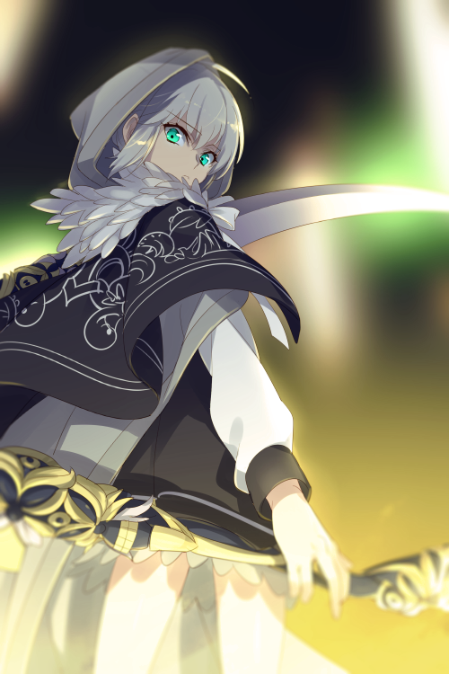 1girl add_(lord_el-melloi_ii) ahoge cape cis05 cloak closed_mouth commentary_request eyebrows_visible_through_hair fate/grand_order fate_(series) fur-trimmed_cloak fur_trim gray_(lord_el-melloi_ii) green_eyes grey_hair holding holding_scythe holding_weapon hood hood_up hooded_cloak looking_at_viewer lord_el-melloi_ii_case_files miniskirt open_eyes ribbon scythe short_hair skirt solo weapon white_ribbon