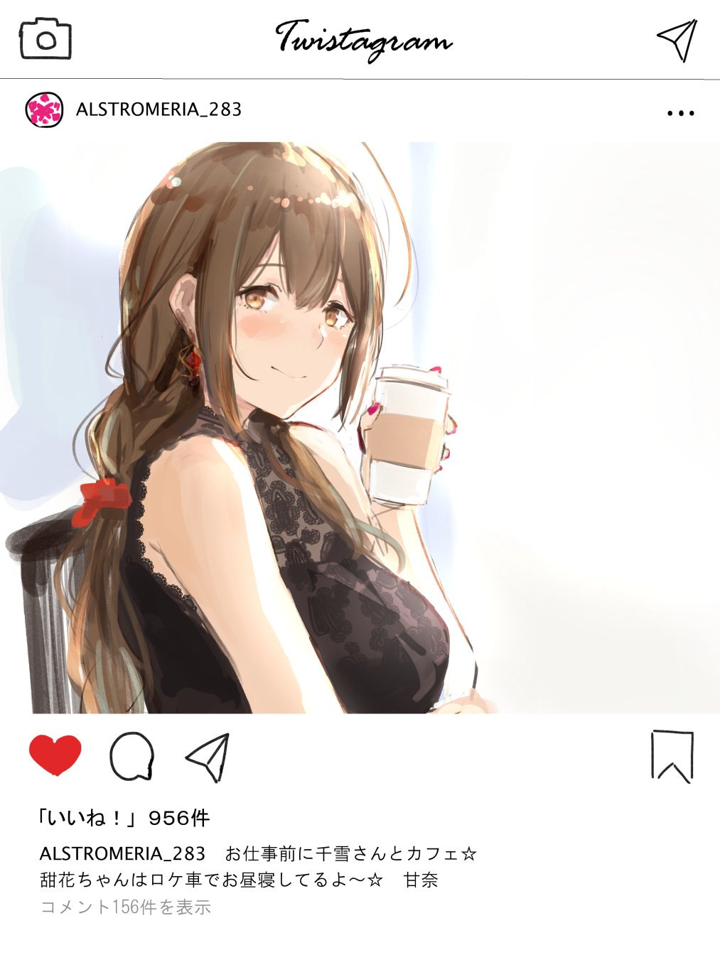 1girl bow braid brand_name_imitation breasts brown_eyes brown_hair coffee_cup cup disposable_cup earrings fake_screenshot hair_bow highres holding holding_cup idolmaster idolmaster_shiny_colors instagram jewelry kuwayama_chiyuki lace long_hair looking_at_viewer nail_polish red_bow red_nails shirt simple_background single_braid sleeveless sleeveless_shirt smile solo takagaki_eru translation_request