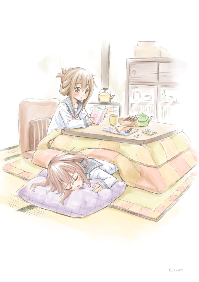 2girls book box brown_eyes brown_hair closed_eyes cup folded_ponytail food fujishima_shinnosuke hair_ornament hairclip heater ikazuchi_(kantai_collection) inazuma_(kantai_collection) kantai_collection kettle kotatsu lying multiple_girls on_stomach open_mouth pillow reading school_uniform senbei serafuku sitting sleeping table tatami teapot under_kotatsu under_table zaisu