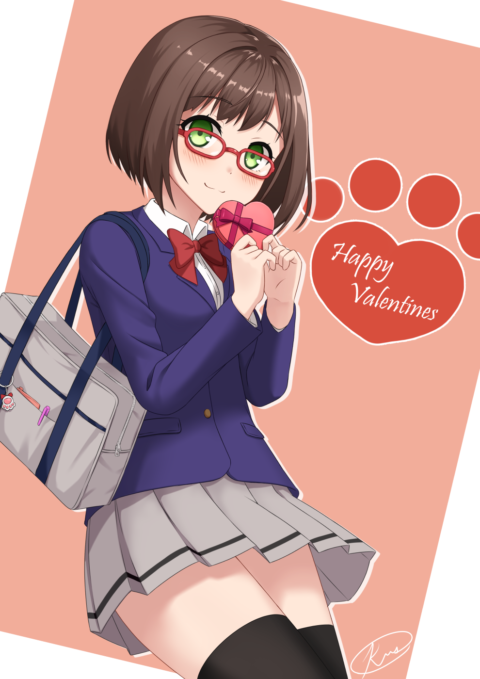 1girl bag black_legwear blue_jacket blush bow bowtie box brown_hair collared_shirt cowboy_shot dress_shirt eyebrows_visible_through_hair glasses green_eyes grey_bag grey_skirt happy_valentine heart-shaped_box highres holding holding_bag holding_box idolmaster idolmaster_cinderella_girls jacket kurisu-kun long_sleeves looking_at_viewer maekawa_miku miniskirt pink_background pleated_skirt red-framed_eyewear red_bow red_neckwear school_bag school_uniform shiny shiny_hair shirt short_hair signature skirt smile solo thigh-highs white_background white_shirt wing_collar zettai_ryouiki