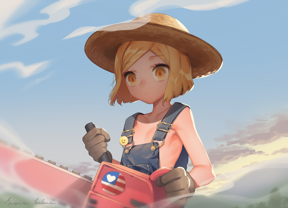 1girl american_flag american_flag_print badge blonde_hair blue_sky chainsaw commentary fate/grand_order fate_(series) flag_print gloves hat holding holding_weapon naked_overalls outdoors overalls paul_bunyan_(fate/grand_order) short_hair sky smiley_face solo straw_hat sugata_keburu upper_body weapon yellow_eyes