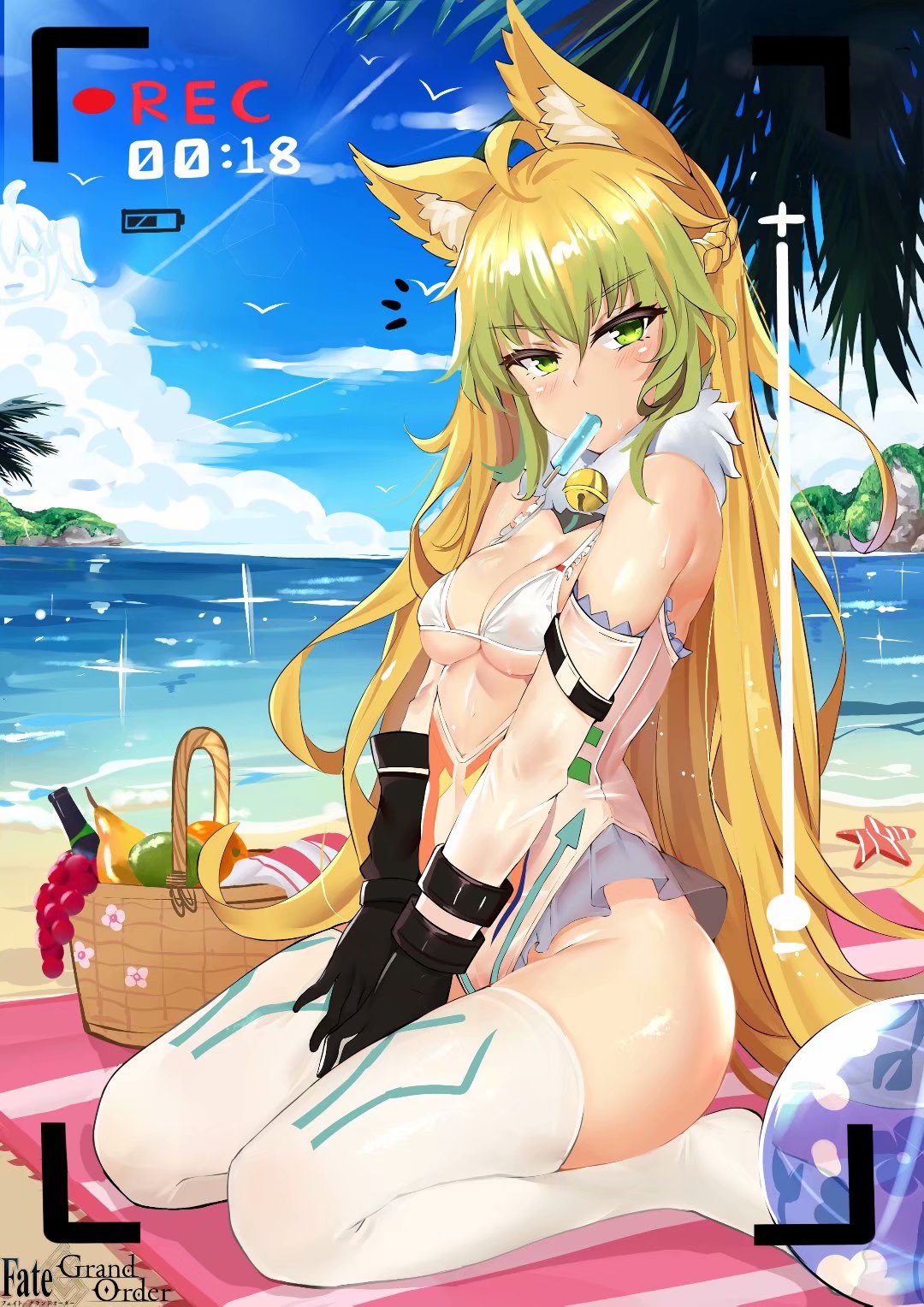 1girl ahoge animal_ears atalanta_(fate) bell bell_collar bikini blonde_hair blush breasts cat_ears cat_tail cleavage collar detached_sleeves fate/apocrypha fate/grand_order fate_(series) food gloves green_eyes green_hair highres innertube looking_at_viewer mouth_hold multicolored_hair ocean popsicle slm small_breasts solo swimsuit swimsuit_under_clothes tail thigh-highs white_legwear