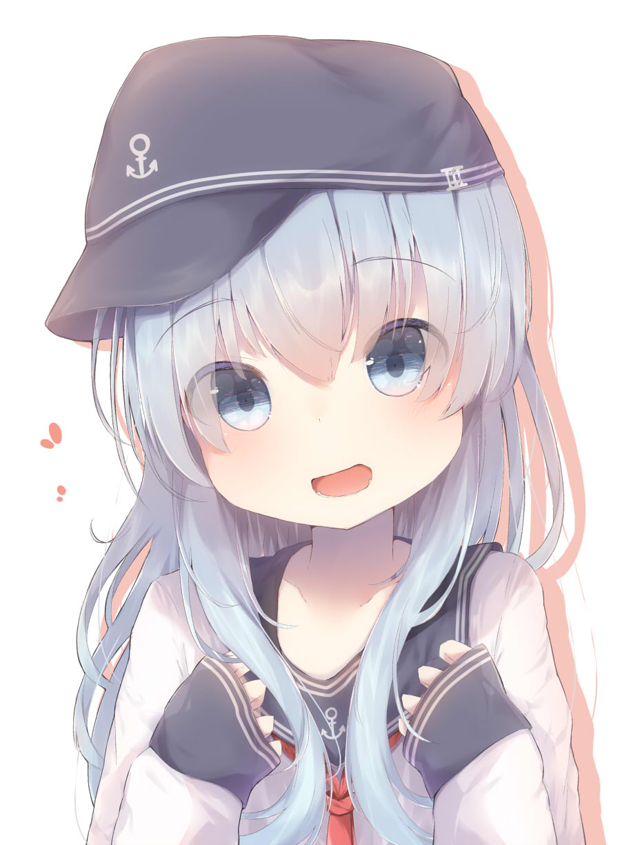 1girl anchor anchor_symbol bangs blue_eyes blush eyebrows_visible_through_hair hat hibiki_(kantai_collection) highres kantai_collection long_hair long_sleeves looking_at_viewer open_mouth outline sailor_collar school_uniform serafuku silver_hair simple_background smile solo sorahachi_(sora823) upper_body white_background