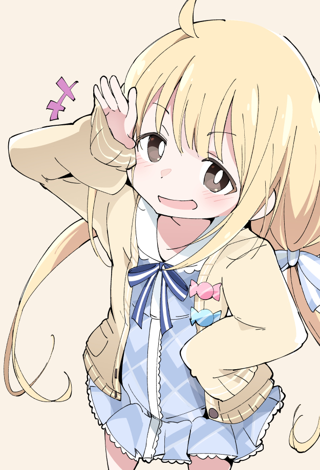 1girl ahoge beige_background blonde_hair blush brown_eyes eyebrows_visible_through_hair futaba_anzu hand_on_hip idolmaster idolmaster_cinderella_girls idolmaster_cinderella_girls_starlight_stage ixy long_hair low_twintails open_mouth ribbon simple_background sleeves_past_fingers sleeves_past_wrists solo twintails