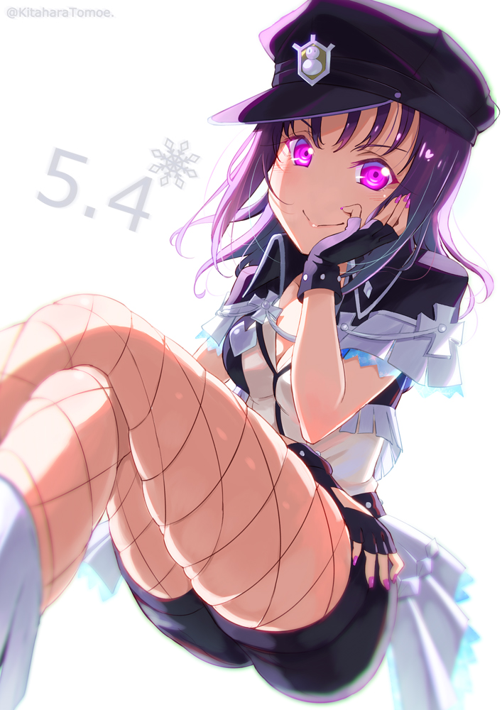 &gt;:) 1girl :&gt; animal_ears believe_again black_gloves black_headwear black_shorts cat_ears commentary dated english_commentary fingerless_gloves fishnet_pantyhose fishnets fringe_trim gloves hand_on_own_cheek hat invisible_chair kazuno_sarah kitahara_tomoe_(kitahara_koubou) legs_crossed long_hair looking_at_viewer love_live! love_live!_sunshine!! love_live!_sunshine!!_the_school_idol_movie_over_the_rainbow nail_polish pantyhose peaked_cap purple_hair purple_nails shirt short_shorts shorts sitting skindentation snowflakes solo spoilers twitter_username violet_eyes white_background