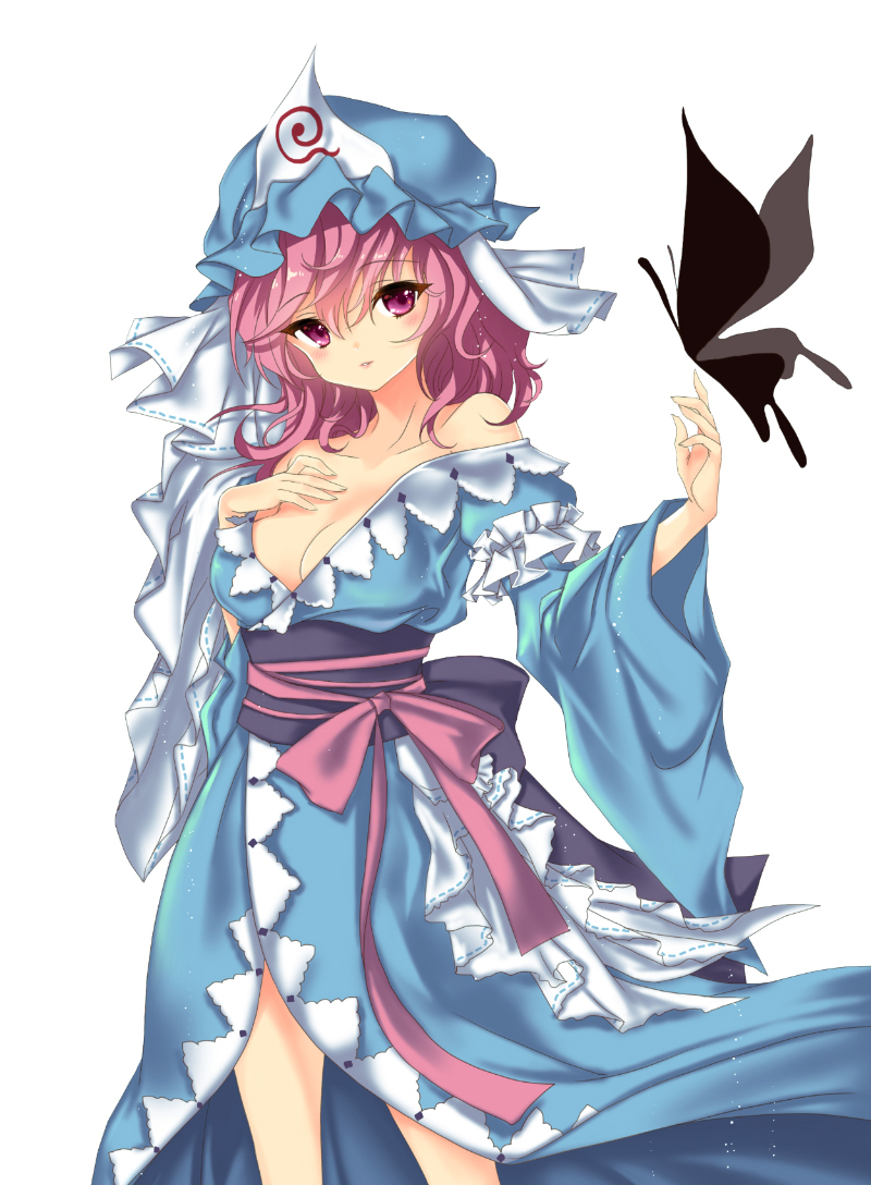 1girl blue_headwear blue_kimono blush bow breasts bug butterfly cleavage collarbone curly_hair eyebrows_visible_through_hair hair_between_eyes insect japanese_clothes kimono long_hair long_sleeves looking_at_viewer medium_breasts obi parted_lips pink_bow pink_hair saigyouji_yuyuko sash shiny shiny_hair simple_background solo sonabi_(misty_alice) standing touhou violet_eyes white_background wide_sleeves