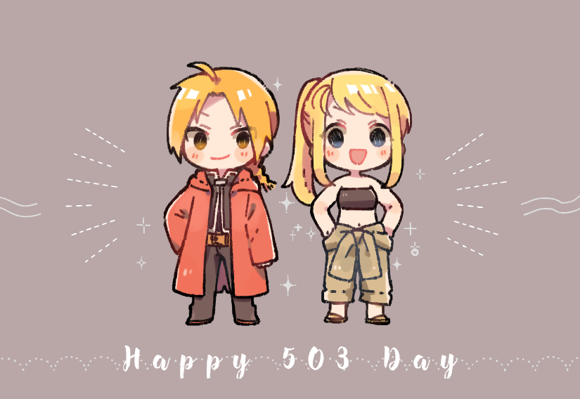 1boy 1girl :d ahoge arm_at_side bangs bare_arms bare_shoulders black_pants black_shirt blonde_hair blue_eyes blush blush_stickers boots braid chibi coat commentary edward_elric english_text eyes_visible_through_hair full_body fullmetal_alchemist grey_background grey_pants hand_on_hip hands_on_hips looking_at_viewer midriff navel number open_mouth pants red_coat shirt simple_background single_braid smile standing strapless text_focus tubetop winry_rockbell yellow_eyes yue_jiu