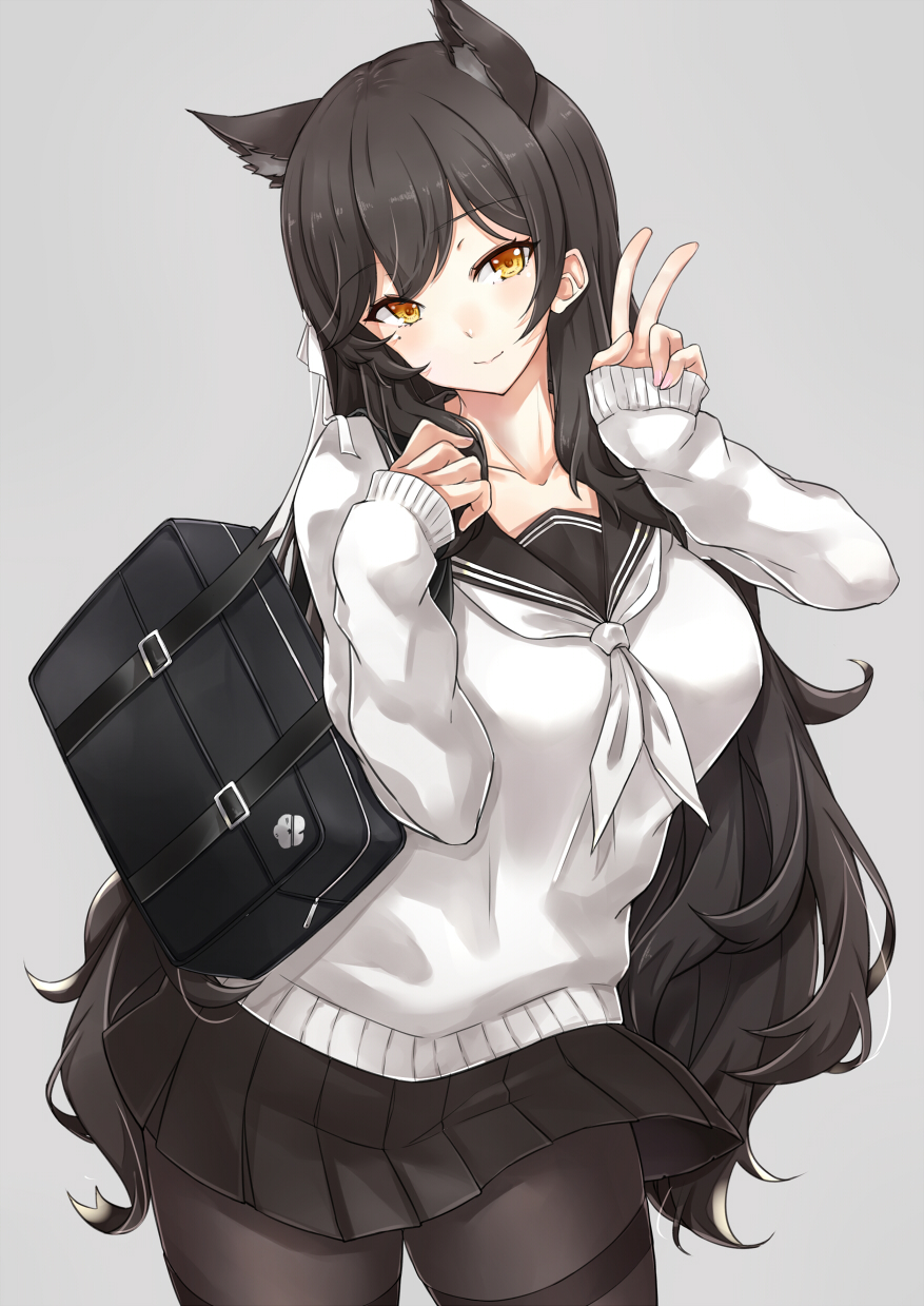 1girl animal_ears asya atago_(azur_lane) atago_(school_daydream)_(azur_lane) azur_lane bag bangs black_hair black_legwear black_sailor_collar black_skirt breasts closed_mouth collarbone commentary_request extra_ears eyebrows_visible_through_hair grey_background hair_ribbon hand_up head_tilt highres large_breasts long_hair looking_at_viewer mole mole_under_eye neckerchief pantyhose pleated_skirt ribbon sailor_collar school_uniform serafuku shoulder_bag simple_background skirt sleeves_past_wrists smile solo standing swept_bangs thighband_pantyhose v very_long_hair white_neckwear white_ribbon yellow_eyes