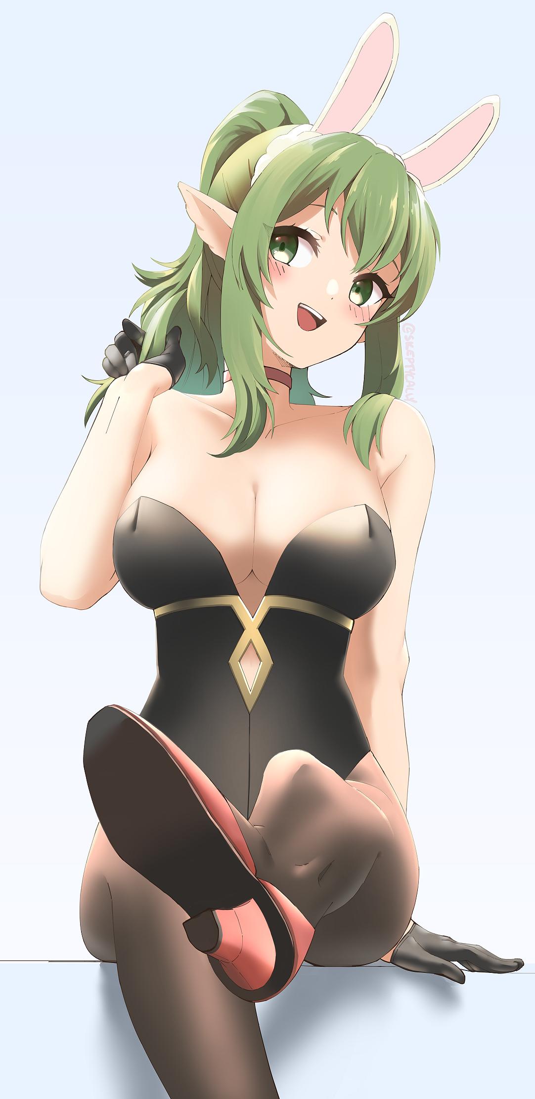 1girl :d animal_ears bare_shoulders black_gloves blue_background blush breasts brown_legwear chiki choker cleavage commentary english_commentary fake_animal_ears fire_emblem fire_emblem:_mystery_of_the_emblem foreshortening gloves green_eyes green_hair half_gloves hand_up high_heels highres large_breasts leotard nintendo open_mouth pantyhose pointy_ears ponytail rabbit_ears sidelocks simple_background skeptycally smile solo