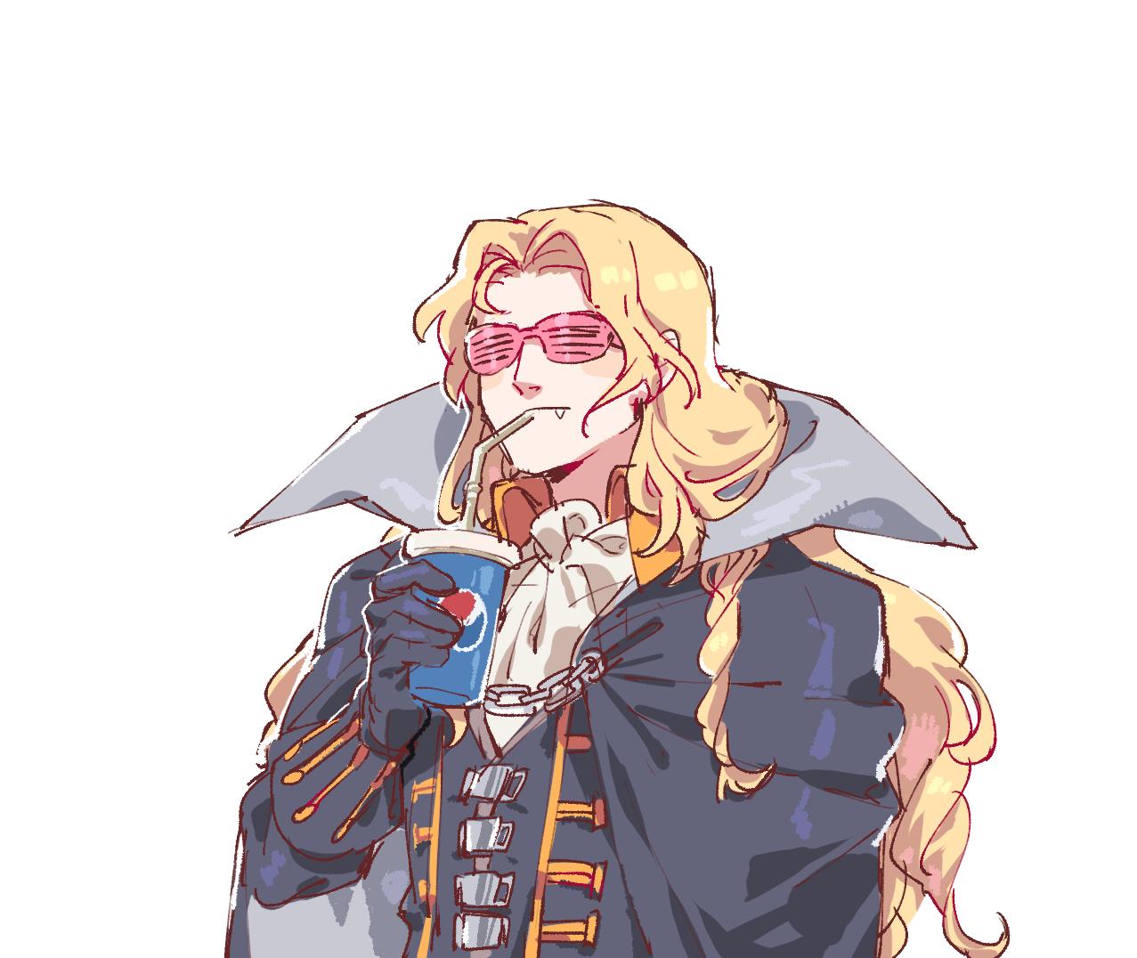 1boy akiyoku alucard_(castlevania) blonde_hair cape castlevania castlevania:_symphony_of_the_night chains cup drinking drinking_straw fang gloves long_hair long_sleeves pepsi shutter_shades simple_background smile solo upper_body white_background