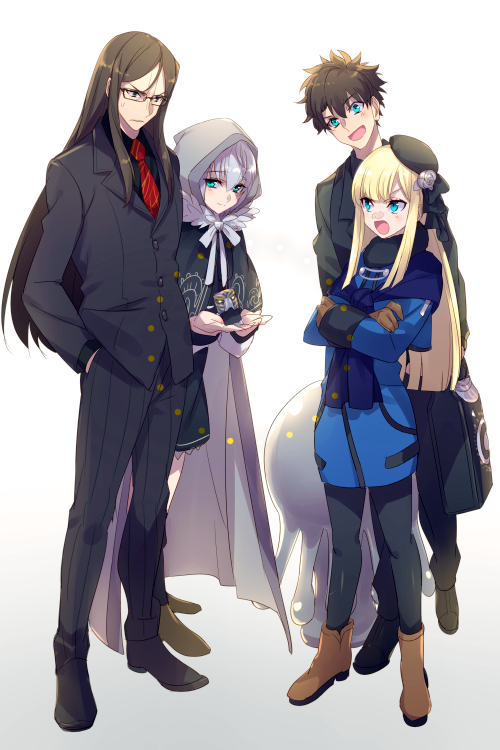 2boys 2girls add_(lord_el-melloi_ii) black_hair black_headwear black_suit blonde_hair blue_eyes blue_scarf blush boots brown_footwear brown_gloves buttons cape cis05 cloak closed_eyes commentary_request creature cube eyebrows_visible_through_hair fate/grand_order fate_(series) flower formal fujimaru_ritsuka_(male) fur_trim gloves gray_(lord_el-melloi_ii) green_eyes grey_hair grey_ribbon hair_between_eyes hair_flower hair_ornament hand_in_pocket hat holding hood hood_up hooded_cloak long_hair lord_el-melloi_ii lord_el-melloi_ii_case_files mini_hat multiple_boys multiple_girls necktie open_mouth red_neckwear reines_el-melloi_archisorte ribbon rose scarf short_hair simple_background spiky_hair suit volumen_hydragyrum waver_velvet white_background white_flower white_rose