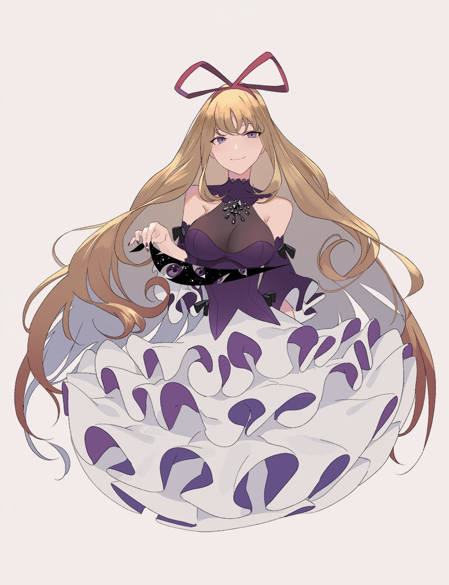 1girl adapted_costume bangs bare_shoulders blonde_hair breasts commentary detached_sleeves dress gap grey_background hair_ribbon highres hillly_(maiwetea) large_breasts layered_dress long_hair looking_at_viewer nail_polish no_hat no_headwear purple_dress purple_nails red_ribbon ribbon short_sleeves simple_background smile solo touhou very_long_hair violet_eyes wide_sleeves yakumo_yukari