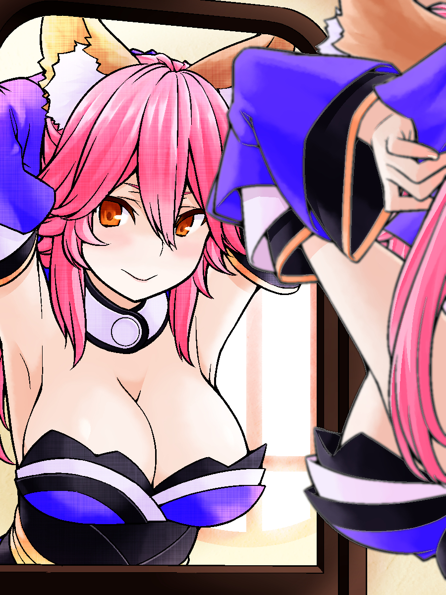 1girl animal_ear_fluff animal_ears armpits blue_kimono blush breasts cleavage endou-jun fate/extra fate/grand_order fate_(series) fox_ears fox_girl hand_behind_head highres indoors japanese_clothes kimono large_breasts looking_at_mirror looking_at_viewer mirror pink_hair solo tamamo_(fate)_(all) tamamo_no_mae_(fate) yellow_eyes