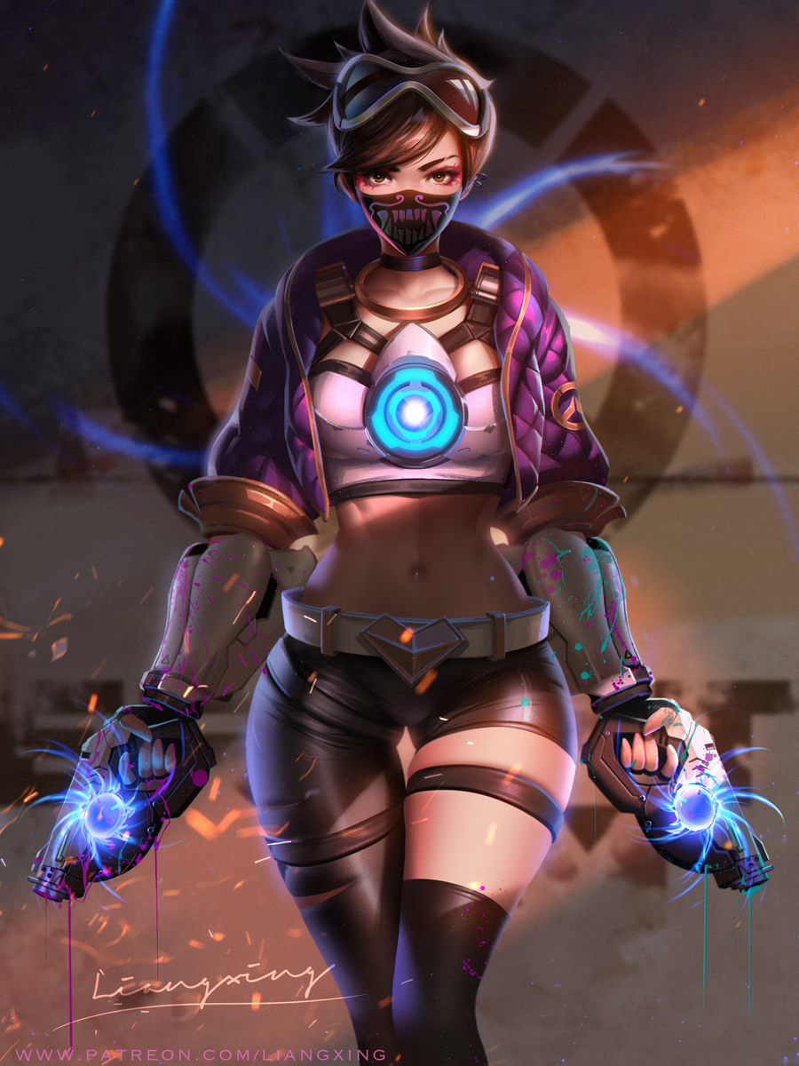 1girl asymmetrical_legwear breasts brown_eyes brown_hair collarbone dual_wielding goggles goggles_on_head gun handgun highres holding k/da_(league_of_legends) league_of_legends liang_xing mask medium_breasts midriff overwatch paint_splatter pistol signature skindentation tagme tracer_(overwatch) weapon