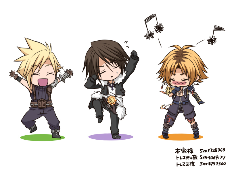 3boys armor blonde_hair blue_eyes boots brown_hair buster_sword closed_eyes cloud_strife dancing detached_sleeves earrings everyone final_fantasy final_fantasy_vii final_fantasy_viii final_fantasy_x fingerless_gloves gloves gunblade huge_weapon jacket jewelry male_focus multiple_boys musical_note necklace open_mouth short_hair smile solo spiky_hair squall_leonhart sword tidus weapon