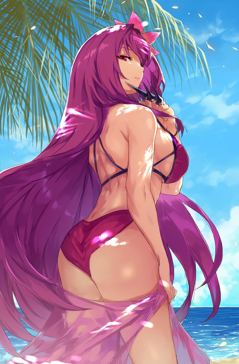 1girl ass back bangs bare_shoulders beach bikini blue_sky breasts closed_mouth fate/grand_order fate_(series) flower hair_between_eyes hair_flower hair_ornament hibiscus highres holding holding_knife knife knives_between_fingers kunai large_breasts long_hair looking_at_viewer looking_back ocean ohland palm_tree purple_bikini purple_hair red_eyes sarong scathach_(fate)_(all) scathach_(fate/grand_order) scathach_(swimsuit_assassin)_(fate) sky solo swimsuit thighs tree weapon