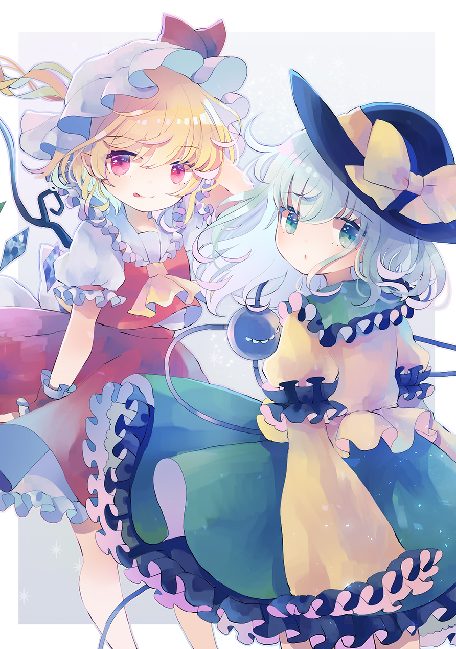 2girls :p arm_up blonde_hair blue_eyes bow commentary_request eyebrows_visible_through_hair flandre_scarlet frills green_skirt hair_between_eyes hand_behind_head hat hat_bow hat_ribbon highres hiyuu_(hiyualice) komeiji_koishi light_blue_hair long_sleeves looking_at_viewer multiple_girls red_eyes red_ribbon red_skirt red_vest ribbon shirt short_hair short_sleeves simple_background skirt smile string tehepero third_eye tongue tongue_out touhou vest white_headwear wide_sleeves wings wrist_cuffs yellow_ribbon yellow_shirt