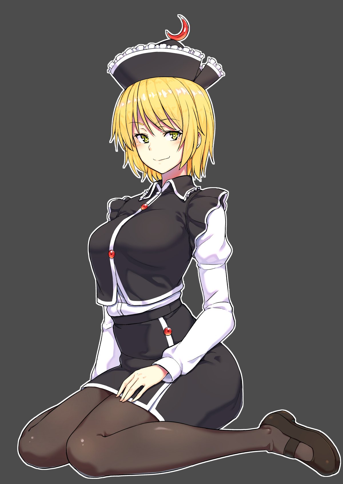 1girl black_legwear black_skirt black_vest blonde_hair closed_mouth crescent eyebrows_visible_through_hair frills full_body hair_between_eyes hand_on_lap highres kakone long_sleeves looking_at_viewer lunasa_prismriver older pantyhose shirt short_hair sitting skirt skirt_set smile solo touhou vest white_shirt yellow_eyes