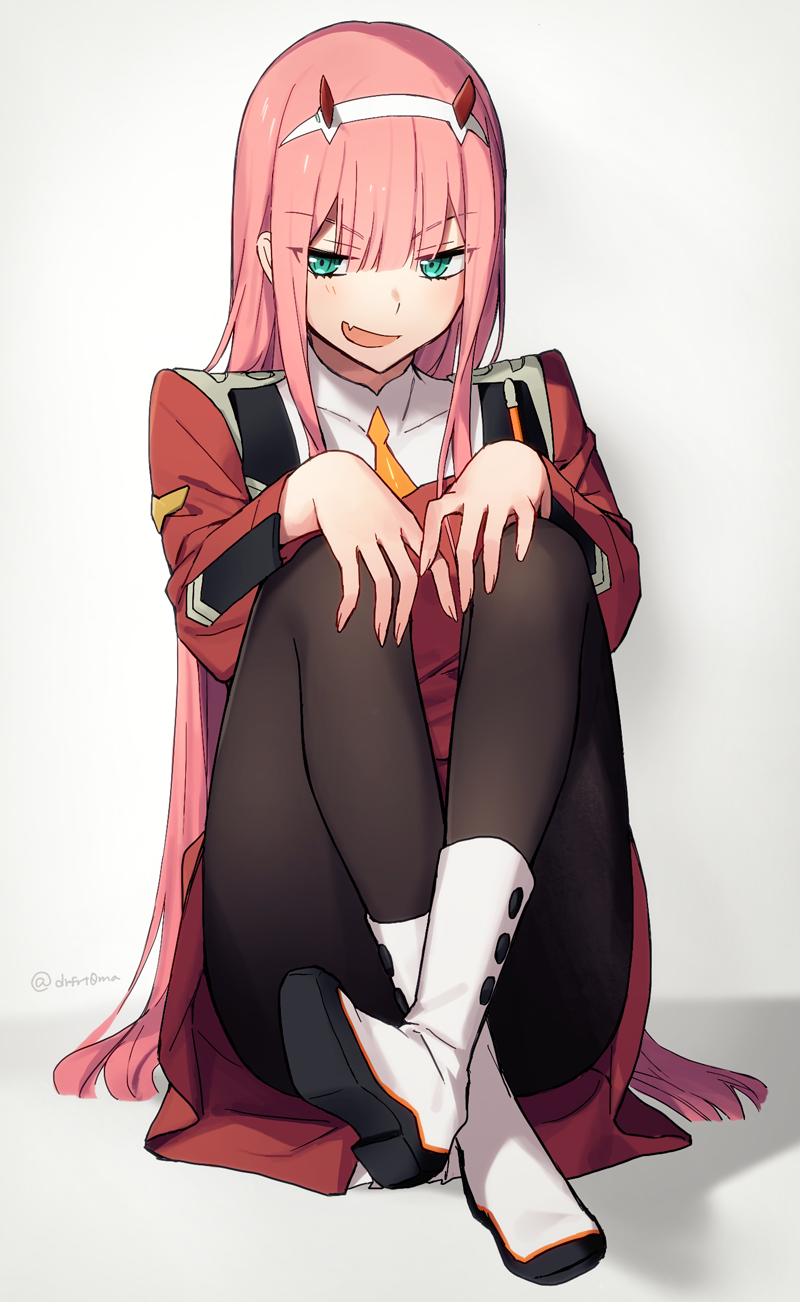 1girl bangs black_legwear blunt_bangs boots darling_in_the_franxx eyebrows_visible_through_hair fang green_eyes grey_background hairband highres horns long_sleeves looking_at_viewer military military_uniform open_mouth pantyhose red_horns sitting smile solo toma_(norishio) twitter_username uniform white_footwear white_hairband zero_two_(darling_in_the_franxx)