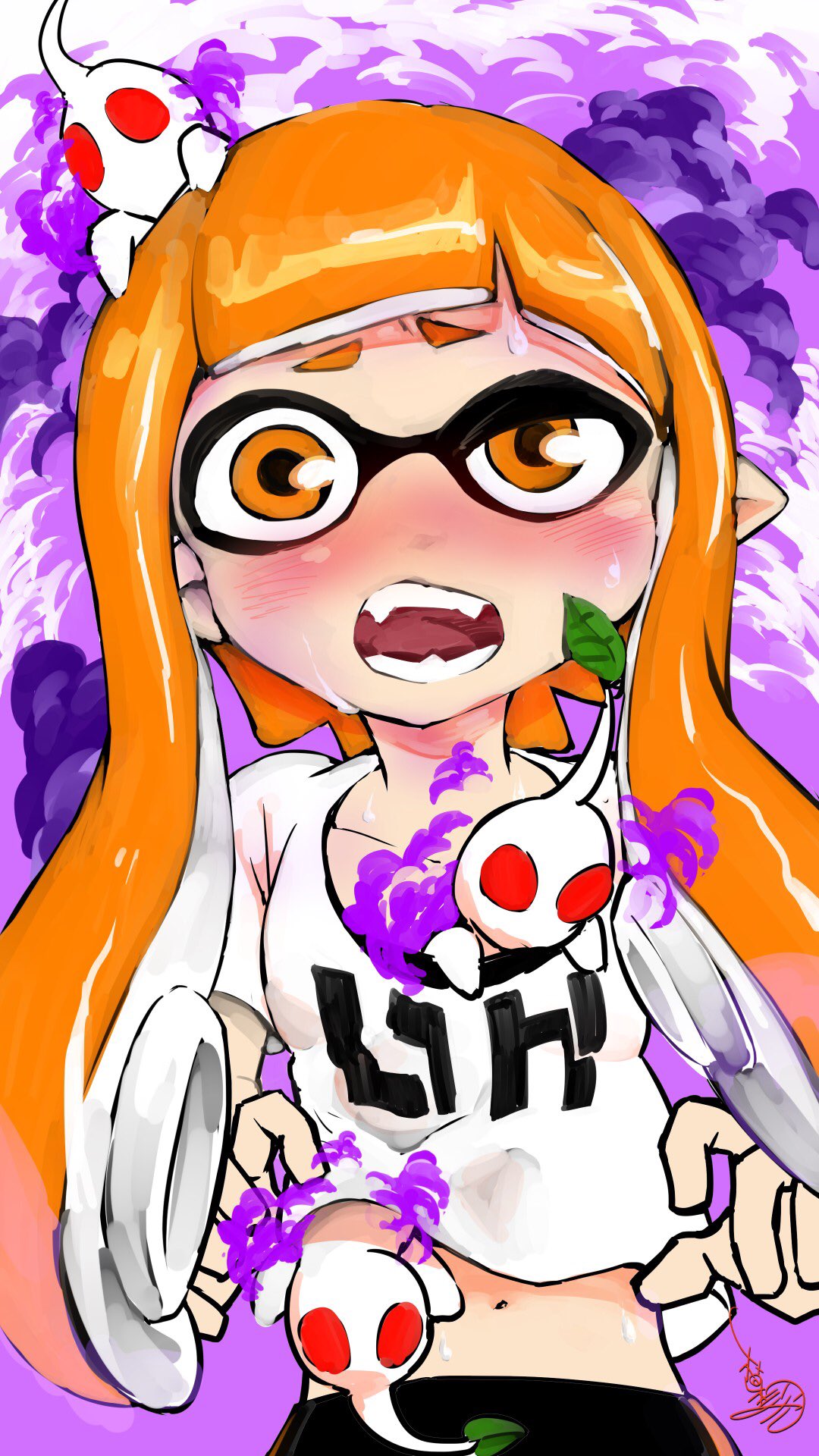 1girl 3others belly_button blush collarbone domino_mask fangs furrowed_eyebrows highres inkling leaf long_hair looking_at_viewer mask navel nintendo nintendo_ead open_mouth orange_eyes orange_hair pikmin_(creature) pikmin_(series) pointy_ears poison poisoned shirt short_sleeves signature splatoon_(series) squid_girl suction_cups super_smash_bros. sweat t-shirt teeth tentacle_hair toxic uesugi_hikaru uneven_eyes white_shirt