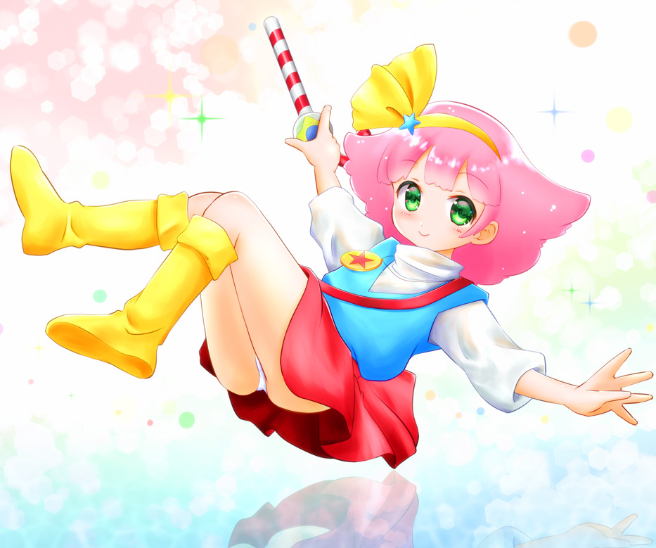 1girl akato_mato badge boots falling full_body green_eyes hairband jewelry looking_at_viewer magical_girl mahou_no_princess_minky_momo minky_momo panties pink_hair red_skirt reflection short_hair simple_background skirt smile solo star underwear wand white_panties yellow_footwear yellow_hairband