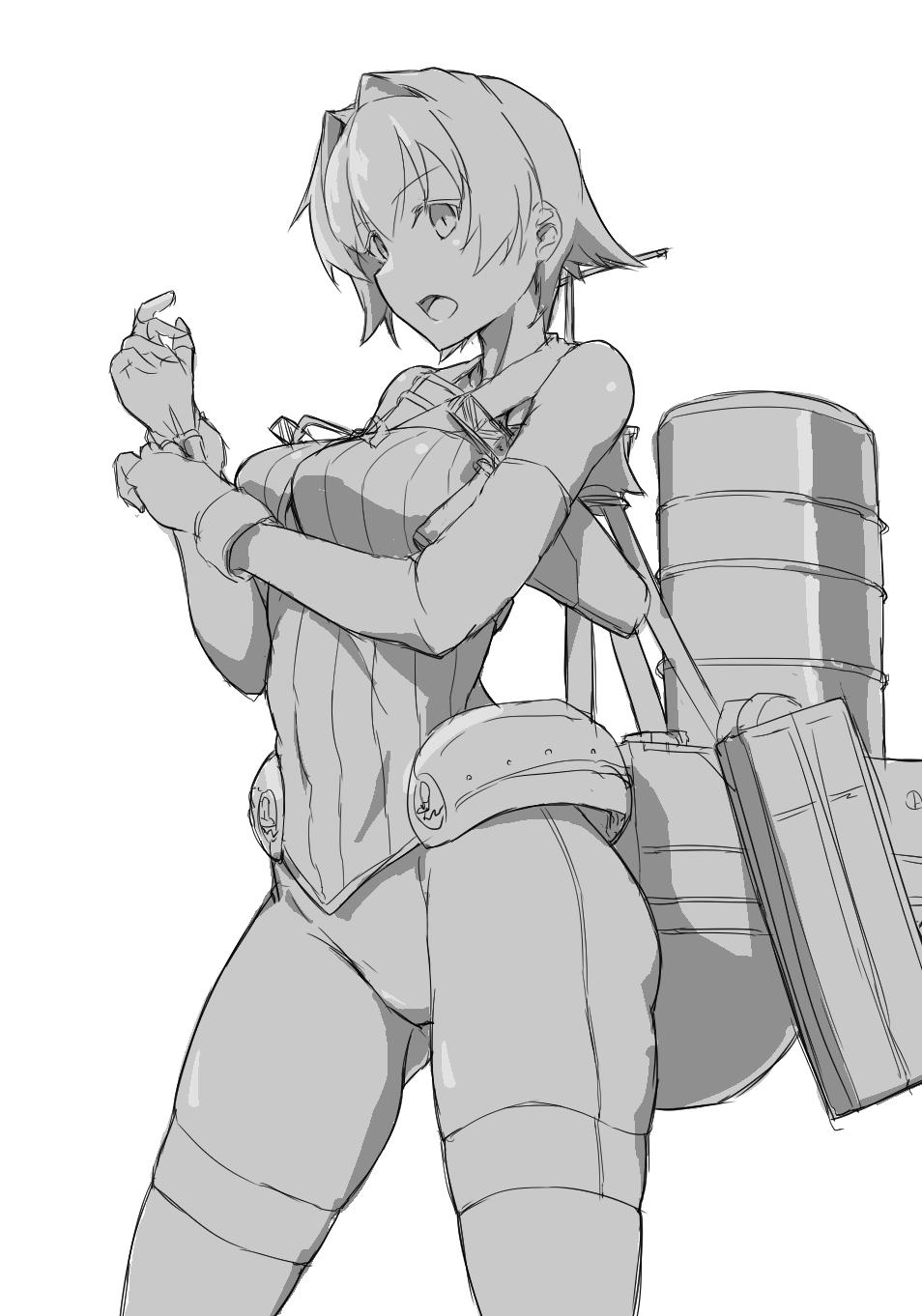 1girl adjusting_clothes adjusting_gloves arm_under_breasts bangs bare_shoulders bike_shorts breasts commentary commentary_request cowboy_shot elbow_pads eyebrows_visible_through_hair frown gloves greyscale hair_between_eyes hair_intakes highres kantai_collection kinu_(kantai_collection) machinery mast monochrome neck_ribbon no_jacket no_pants open_mouth partly_fingerless_gloves remodel_(kantai_collection) ribbon rigging sailor_collar short_hair simple_background skindentation smokestack solo strap tsukira_(amayadori) white_background