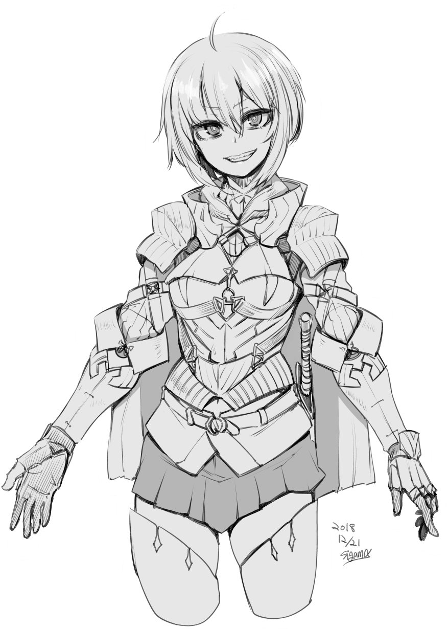 1girl 2018 armor armored_gloves arms_at_sides boots breastplate cropped_legs dated gauntlets gorget greyscale highres monochrome original pauldrons short_hair sigama skirt smile solo thigh-highs thigh_boots