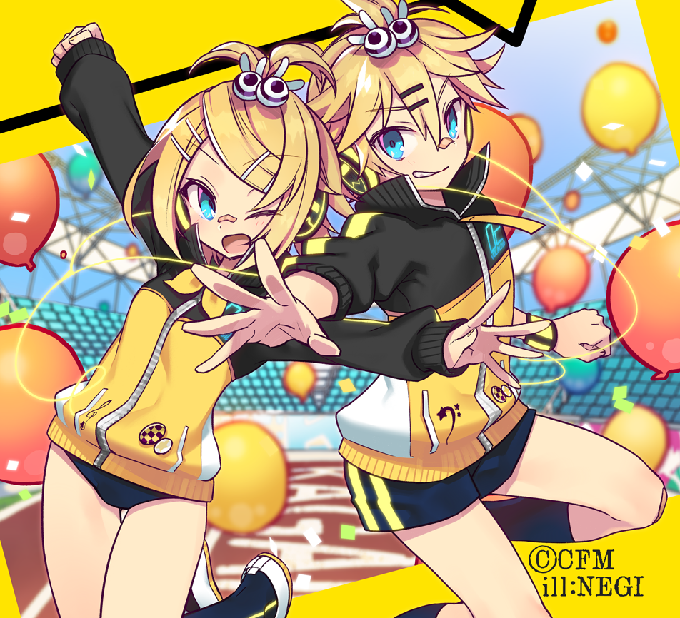 1boy 1girl badge balloon bandaid bass_clef blonde_hair blue_eyes blurry brother_and_sister buruma button_badge confetti depth_of_field gym hair_ornament hairclip headphones jacket kagamine_len kagamine_rin negi_(ulog'be) official_art short_hair shorts siblings stylish_energy_(module) track_jacket tsurime twins vocaloid zipper