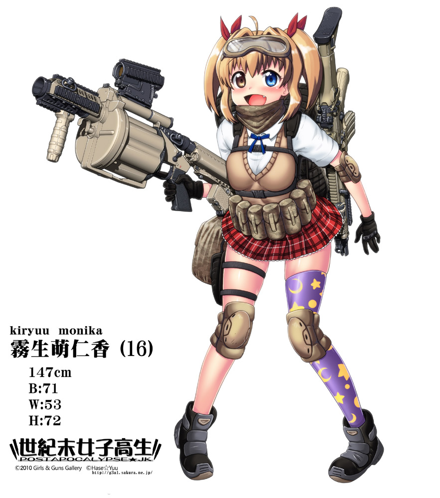 1girl :d ahoge assault_rifle blonde_hair blue_eyes bow elbow_pads fang full_body gloves goggles goggles_on_head grenade_launcher gun hair_bow hair_intakes hase_yu heterochromia holding holding_gun holding_weapon holster knee_pads m32 open_mouth original plaid plaid_skirt rifle rifle_on_back school_uniform single_thighhigh skirt smile solo sweater_vest thigh-highs thigh_holster trigger_discipline twintails weapon white_background yellow_eyes