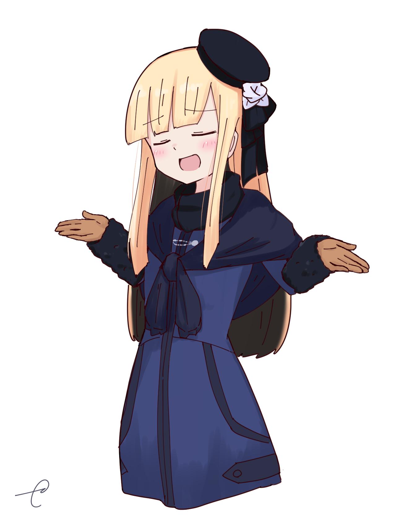 1girl :d bangs beret black_headwear black_ribbon blonde_hair blue_coat blush brown_gloves closed_eyes commentary_request cropped_legs eyebrows_visible_through_hair facing_viewer fate_(series) flower gloves hair_flower hair_ornament hair_ribbon hat highres kujou_karasuma long_hair long_sleeves lord_el-melloi_ii_case_files open_mouth reines_el-melloi_archisorte ribbon rose shrug signature sleeves_past_wrists smile solo tilted_headwear very_long_hair white_flower white_rose