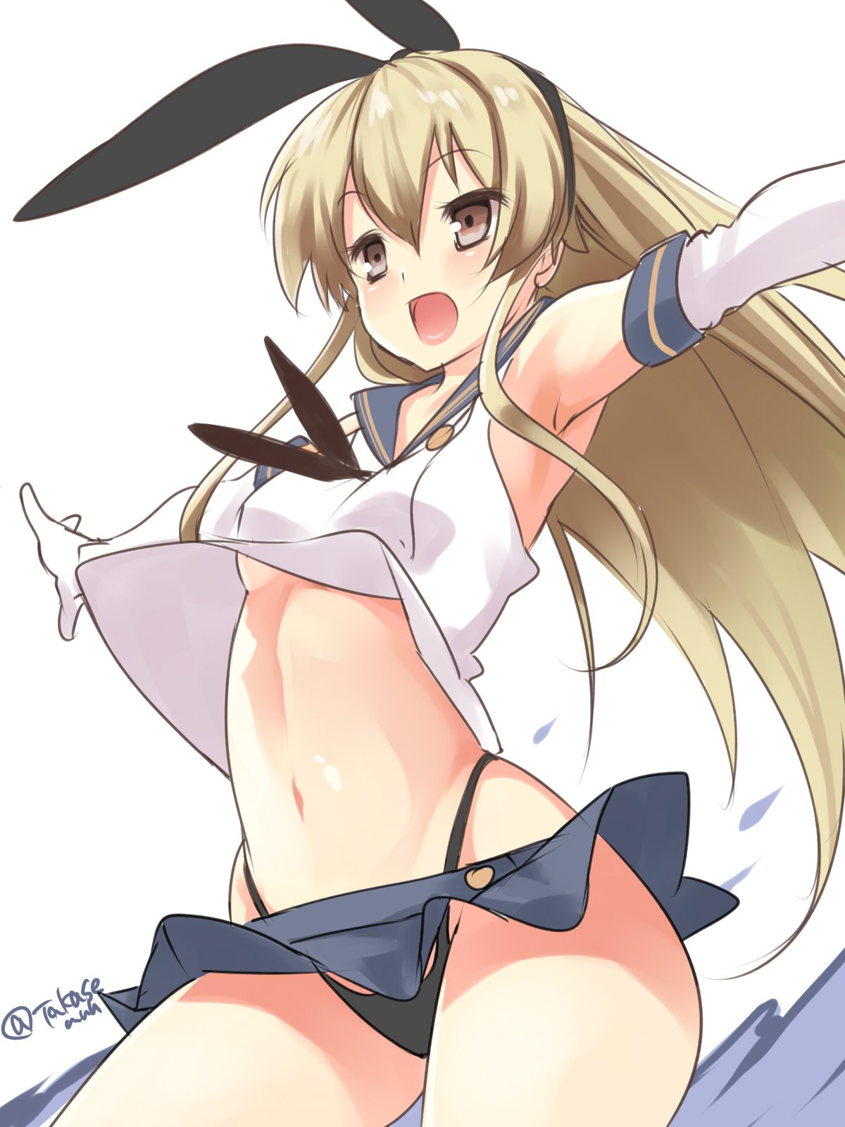 1girl anchor_hair_ornament black_panties blonde_hair blue_sailor_collar blue_skirt brown_eyes commentary_request crop_top elbow_gloves gloves hair_ornament highleg highleg_panties highres kantai_collection long_hair microskirt miniskirt open_mouth outstretched_arms panties pleated_skirt sailor_collar shimakaze_(kantai_collection) simple_background skirt solo takase_muu twitter_username underwear white_background white_gloves