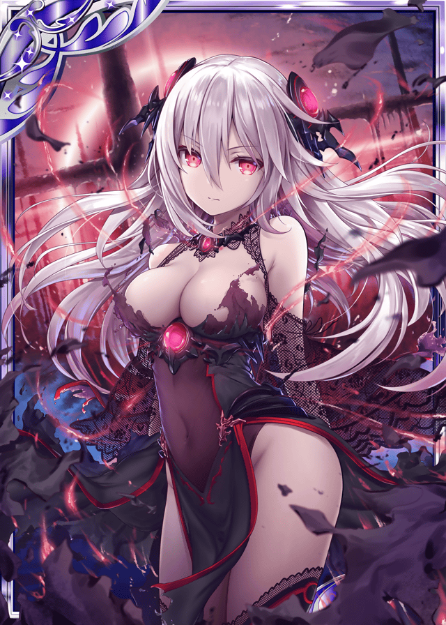 1girl akkijin aura black_dress breasts calamity_(shinkai_no_valkyrie) card_(medium) dress hair_ornament hell large_breasts leotard long_hair looking_at_viewer official_art red_eyes serious shinkai_no_valkyrie silver_hair thigh-highs torn_clothes