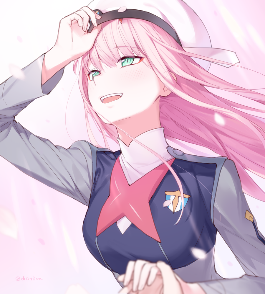 1girl beret darling_in_the_franxx eyebrows_visible_through_hair green_eyes hand_holding hat long_hair long_sleeves looking_away looking_up military military_uniform open_mouth pink_background pink_hair smile solo_focus teeth toma_(norishio) twitter_username uniform white_headwear zero_two_(darling_in_the_franxx)