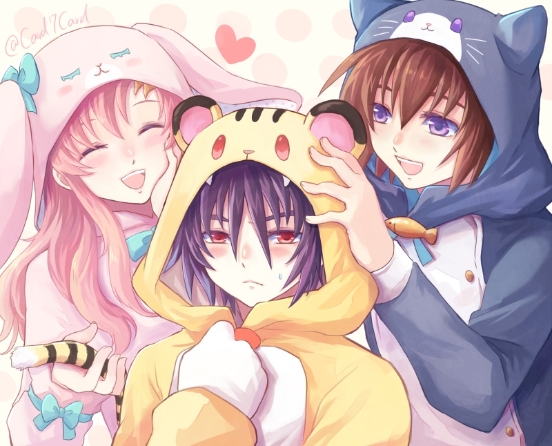 1girl 2boys :d animal_costume animal_ears animal_hood blue_bow blue_neckwear blue_ribbon blush bow brown_hair bunny_hood cat_hood closed_eyes embarrassed fake_animal_ears fake_tail frown gloves gundam gundam_seed gundam_seed_destiny hair_between_eyes hand_on_own_cheek hood hood_up kira_yamato lacus_clyne long_hair multiple_boys neck_ribbon open_mouth paw_gloves paws pink_hair pink_hoodie red_eyes ribbon shinn_asuka smile striped_tail sweatdrop tail tiger_hood violet_eyes white_gloves yuuka_seisen