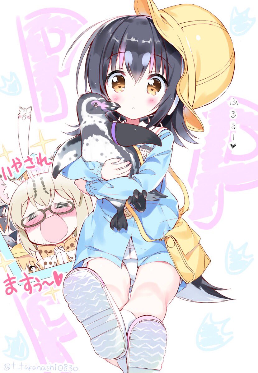 5girls animal_ears bag bird black_hair blue_shirt blush brown_eyes brown_hair cat_ears closed_eyes commentary_request ezo_red_fox_(kemono_friends) fox_ears giving_up_the_ghost glasses gloves grape-kun hands_together hat highres hug humboldt_penguin humboldt_penguin_(kemono_friends) kaban_(kemono_friends) kemono_friends legs legs_crossed leotard leotard_under_clothes margay_(kemono_friends) multiple_girls no_pants open_mouth penguin penguin_tail shirt shoes short_hair silver_fox_(kemono_friends) silver_hair smile socks soles tail takahashi_tetsuya translation_request white_footwear white_leotard yellow_headwear