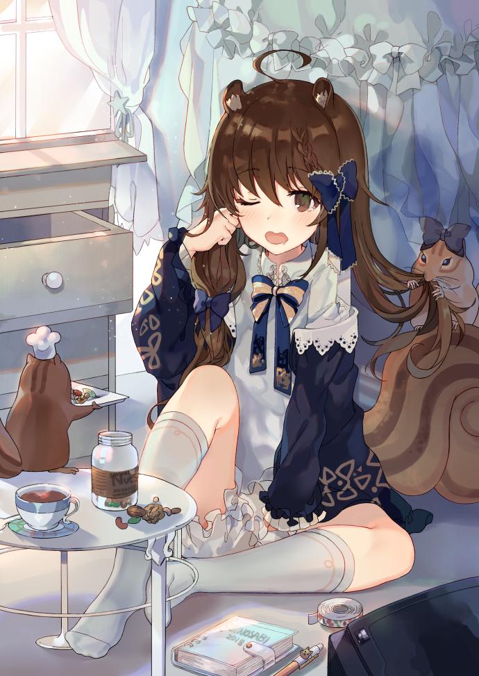 1girl ahoge animal animal_ear_fluff animal_ears black_jacket blue_bow blush book bottle bow braid brown_eyes brown_hair chef_hat chest_of_drawers collared_dress curtains daredattakke dress drooling frilled_skirt frills hair_bow hat holding indoors jacket knee_up kneehighs long_hair long_sleeves no_shoes off_shoulder on_floor one_eye_closed open_clothes open_jacket open_mouth original pencil sitting skirt sleeves_past_wrists solo squirrel squirrel_ears squirrel_girl squirrel_tail tail tears toque_blanche transparent very_long_hair white_bow white_dress white_legwear window